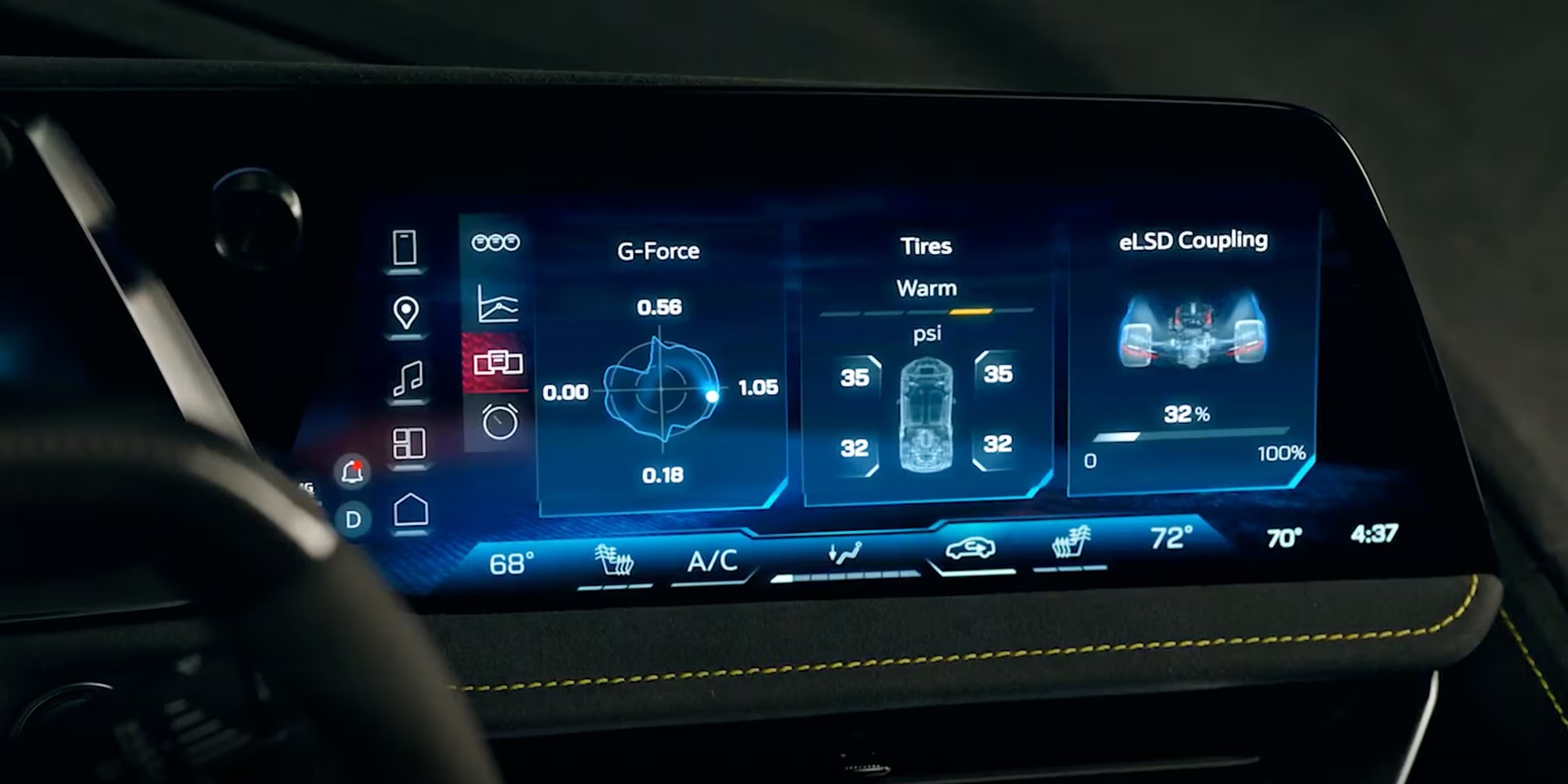 Aplicación de desempeño del Chevrolet Corvette ZR1 2026 con datos en tiempo real de potencia, torque y capacidades del vehículo.